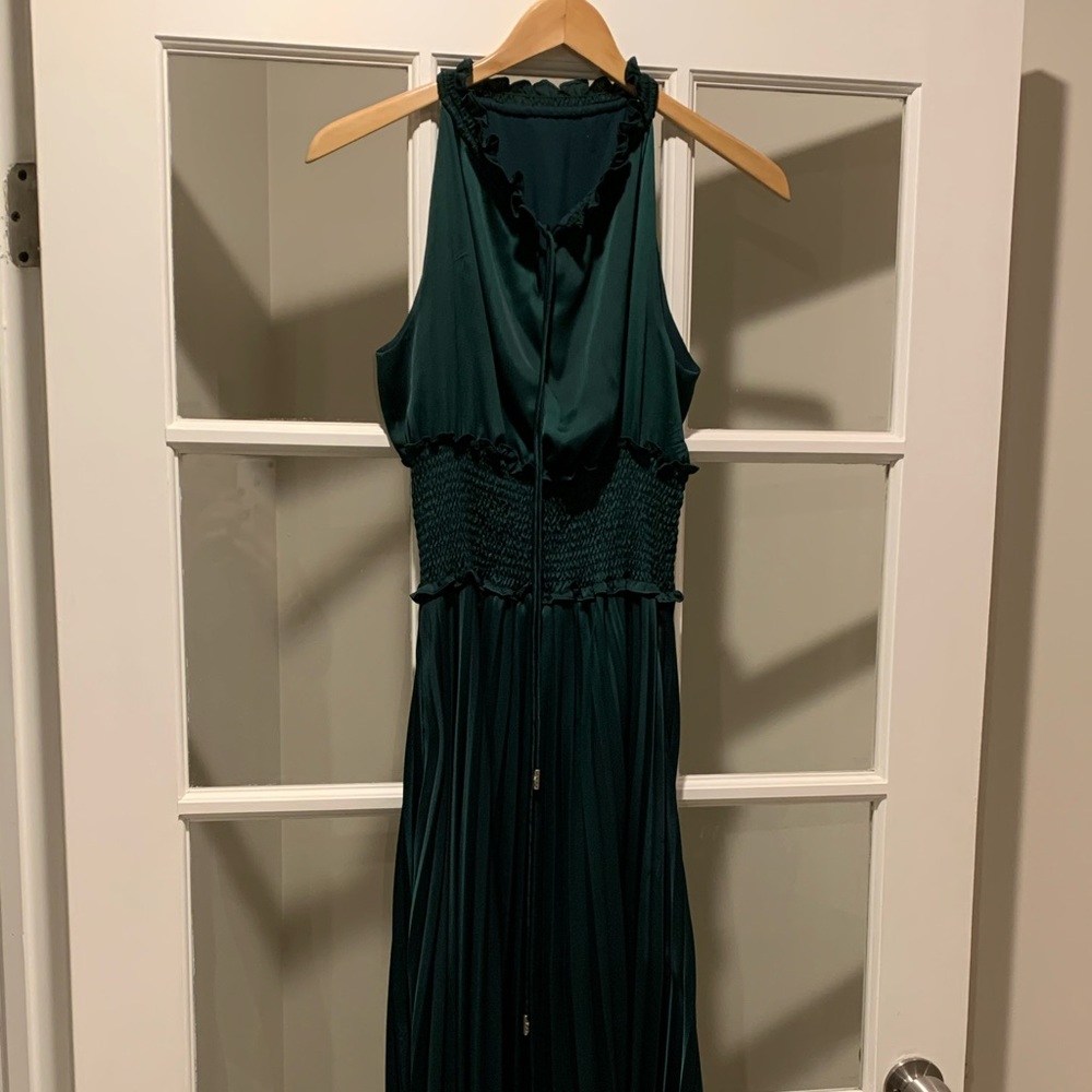 Emerald green midi length pleated dress
